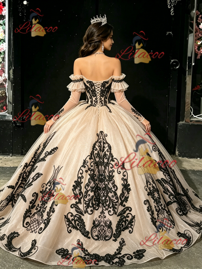 Champagne Tulle Appliques Long Sleeve Quinceanera Dress