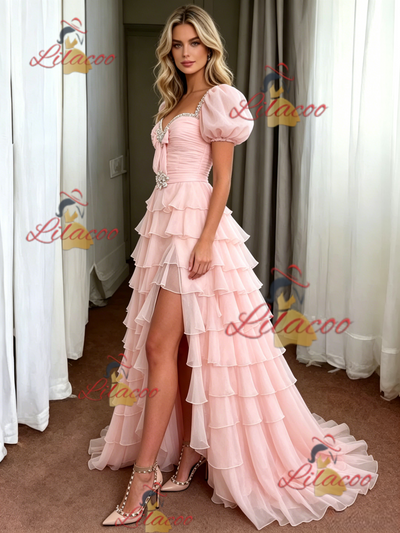 Pink Tulle Puff Sleeve Pleats Prom Dress