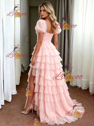 Pink Tulle Puff Sleeve Pleats Prom Dress