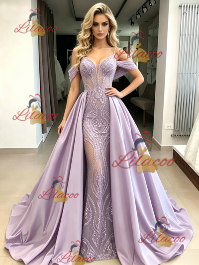 Purple Satin Sequins Straps Prom Dress