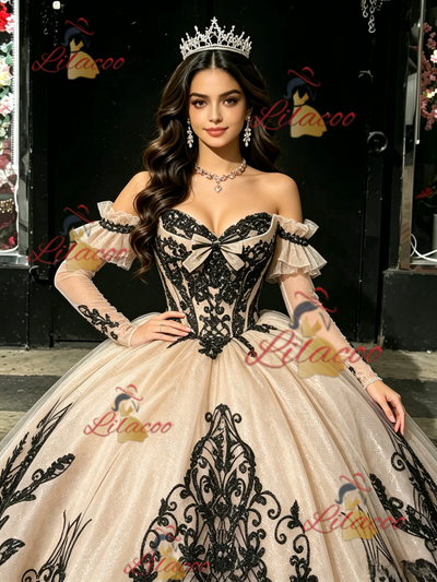 Champagne Tulle Appliques Long Sleeve Quinceanera Dress