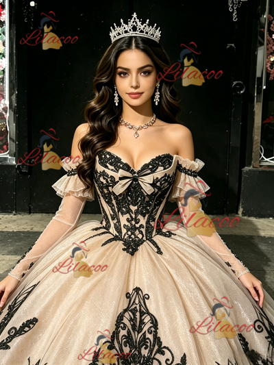 Champagne Tulle Appliques Long Sleeve Quinceanera Dress