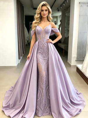 Purple Satin Sequins Straps Prom Dress