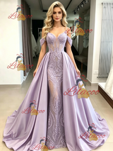 Purple Satin Sequins Straps Prom Dress