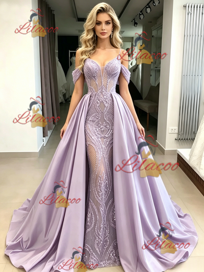 Purple Satin Sequins Straps Prom Dress