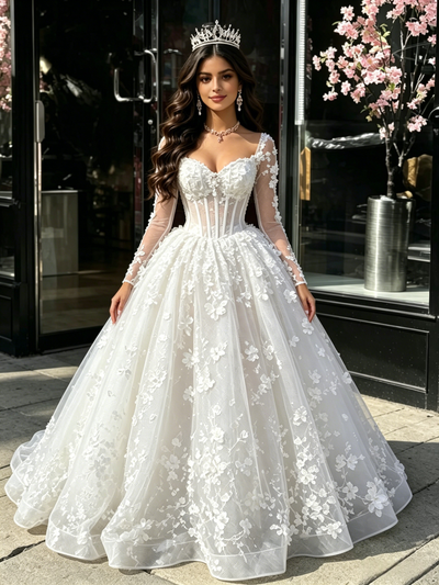 White Tulle Long Sleeve Appliques Quinceanera Dress