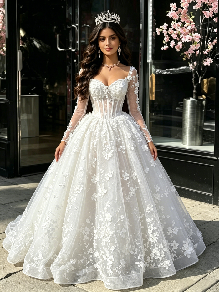 White Tulle Long Sleeve Appliques Quinceanera Dress