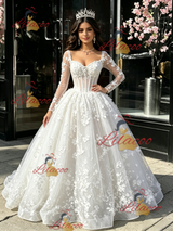 White Tulle Long Sleeve Appliques Quinceanera Dress