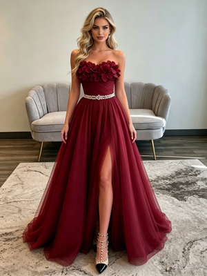 Bugrundy Tulle Strapless Pleats Flower Prom Dress