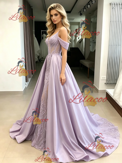 Purple Satin Sequins Straps Prom Dress