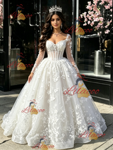 White Tulle Long Sleeve Appliques Quinceanera Dress