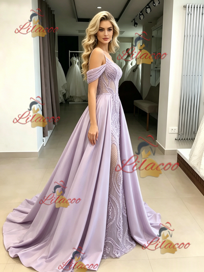Purple Satin Sequins Straps Prom Dress