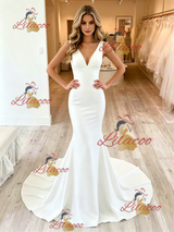 Simple White Mermaid V-neck Backless Wedding Dress