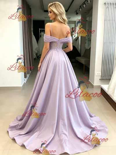 Purple Satin Sequins Straps Prom Dress