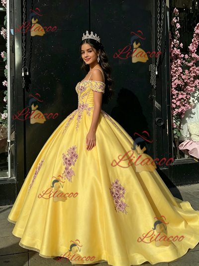 Yellow Tulle Straps Appliques Quinceanera Dress