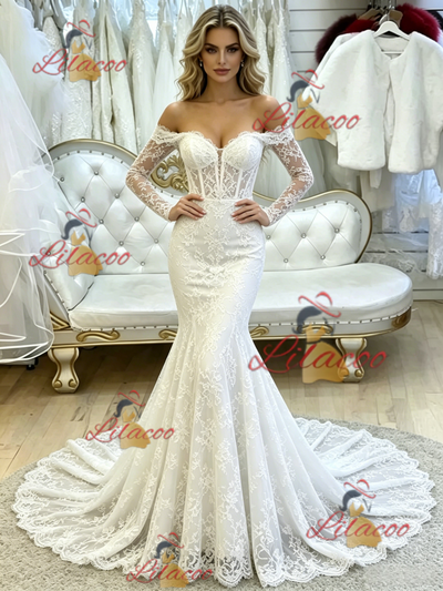White Mermaid Lace Long Sleeve Wedding Dress