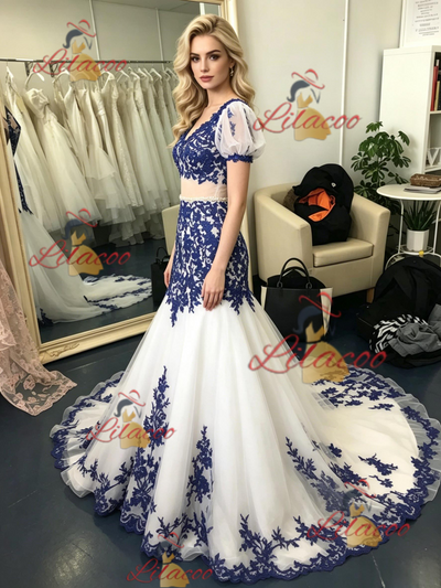 White Tulle Mermaid Appliques Prom Dress