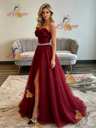 Bugrundy Tulle Strapless Pleats Flower Prom Dress