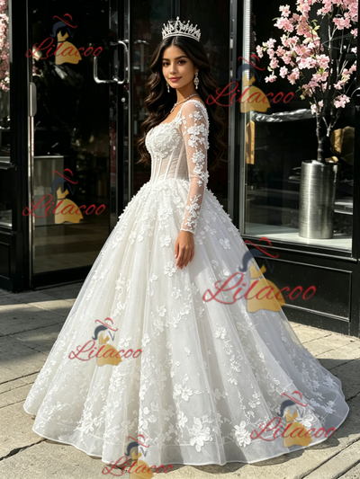 White Tulle Long Sleeve Appliques Quinceanera Dress