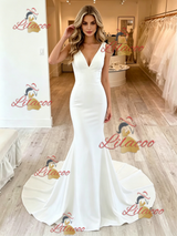 Simple White Mermaid V-neck Backless Wedding Dress