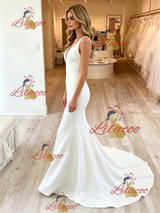 Simple White Mermaid V-neck Backless Wedding Dress