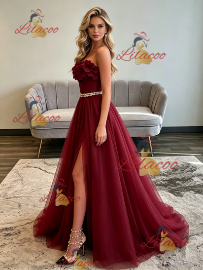 Bugrundy Tulle Strapless Pleats Flower Prom Dress