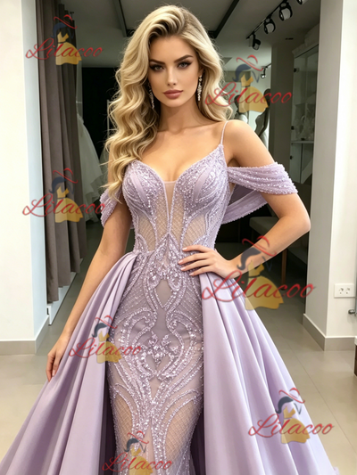 Purple Satin Sequins Straps Prom Dress