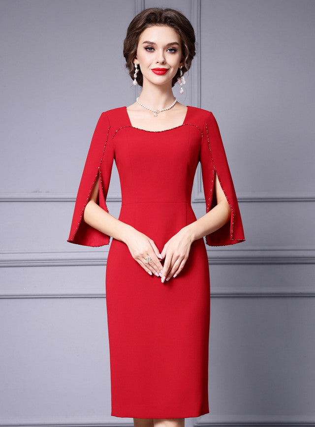 Red Split Short Sleeve Mother Of The Bride Dress