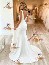 Simple White Mermaid V-neck Backless Wedding Dress