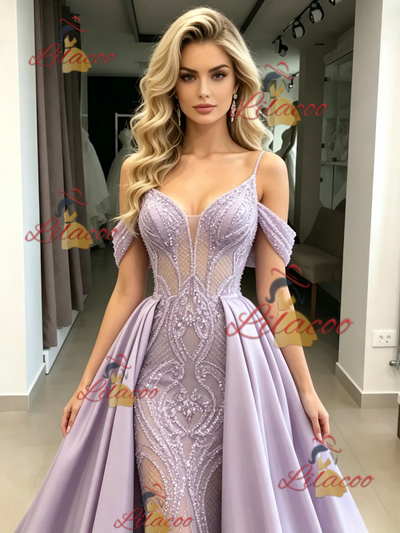 Purple Satin Sequins Straps Prom Dress