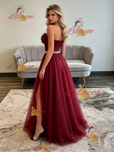 Bugrundy Tulle Strapless Pleats Flower Prom Dress
