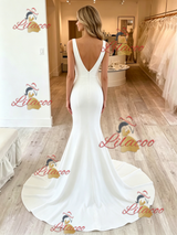 Simple White Mermaid V-neck Backless Wedding Dress
