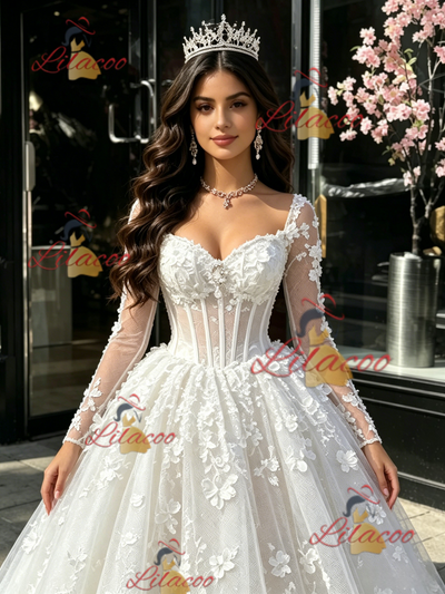 White Tulle Long Sleeve Appliques Quinceanera Dress