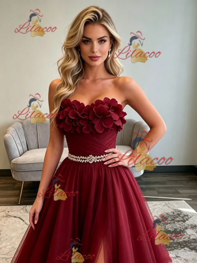 Bugrundy Tulle Strapless Pleats Flower Prom Dress