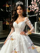 White Tulle Long Sleeve Appliques Quinceanera Dress