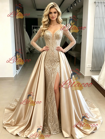 Champagne Sequins Long Sleeve Prom Dress