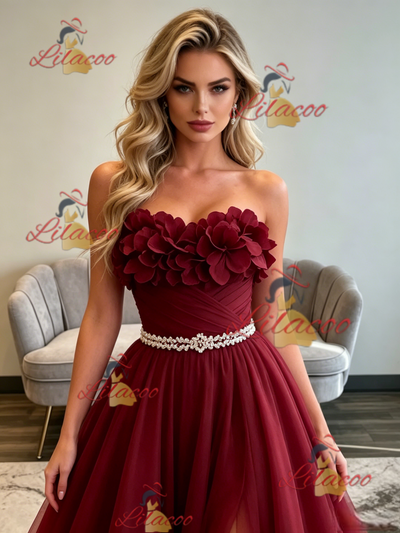 Bugrundy Tulle Strapless Pleats Flower Prom Dress