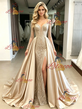 Champagne Sequins Long Sleeve Prom Dress