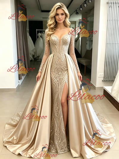 Champagne Sequins Long Sleeve Prom Dress