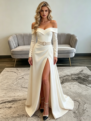 White Long Sleeve Split Prom Dress