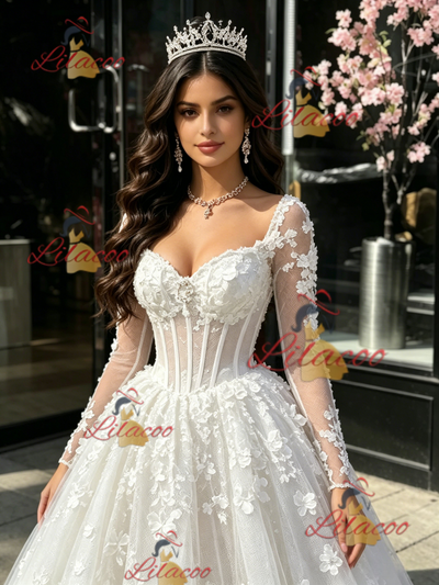 White Tulle Long Sleeve Appliques Quinceanera Dress