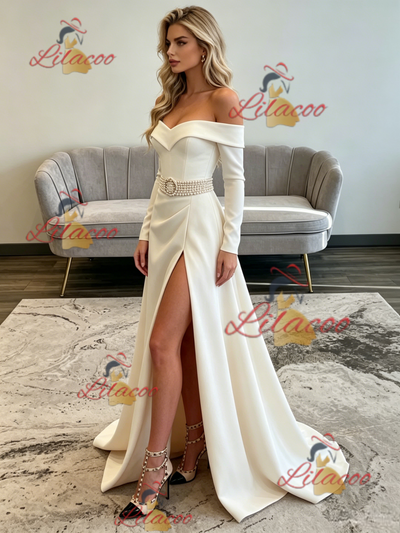 White Long Sleeve Split Prom Dress