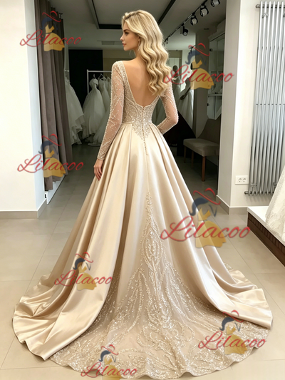 Champagne Sequins Long Sleeve Prom Dress