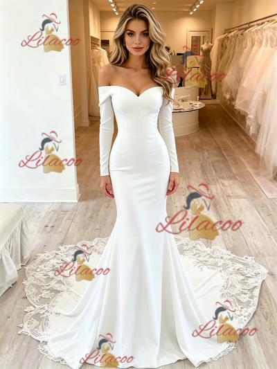 White Mermaid Long Sleeve Wedding Dress