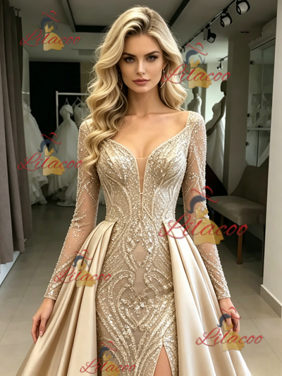 Champagne Sequins Long Sleeve Prom Dress