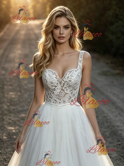 White Tulle Lace Straps Wedding Dress