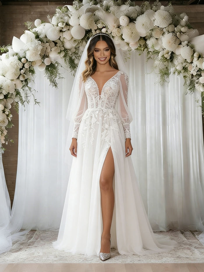Tulle V-neck Long Sleeve Wedding Dress