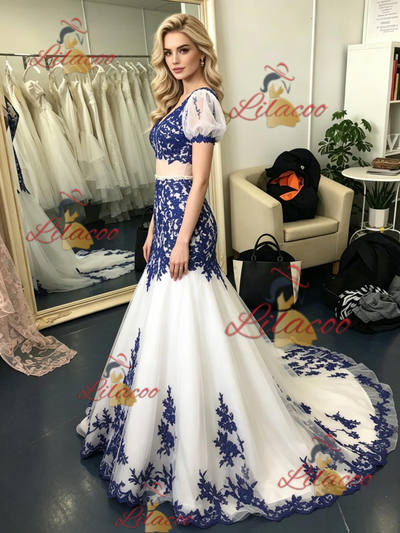 White Tulle Mermaid Appliques Prom Dress