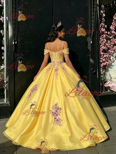Yellow Tulle Straps Appliques Quinceanera Dress
