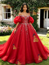 Red Tulle Puff Sleeve Beading Quinceanera Dress